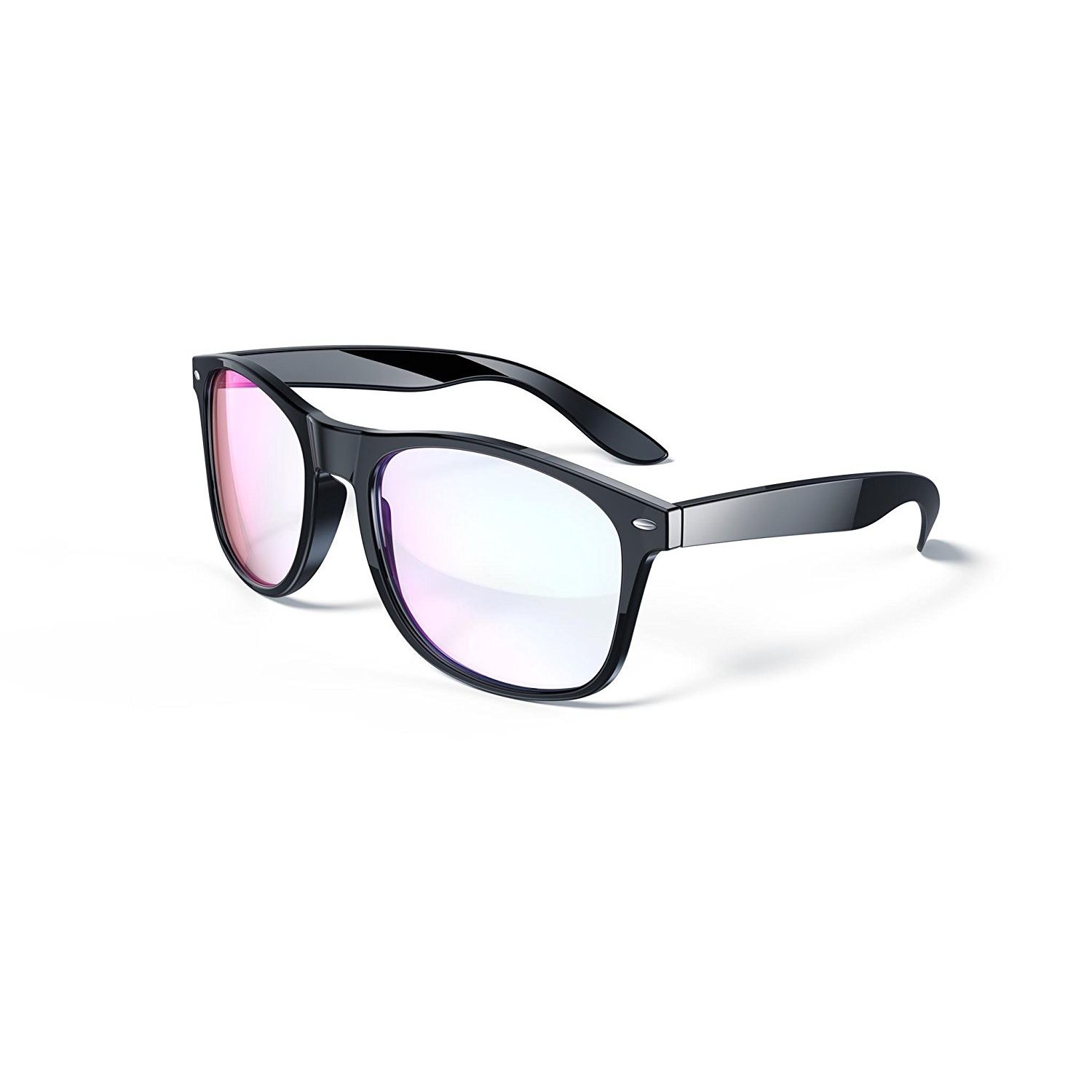 Pair of black-framed glasses with light pink-tinted lenses on a clean white background